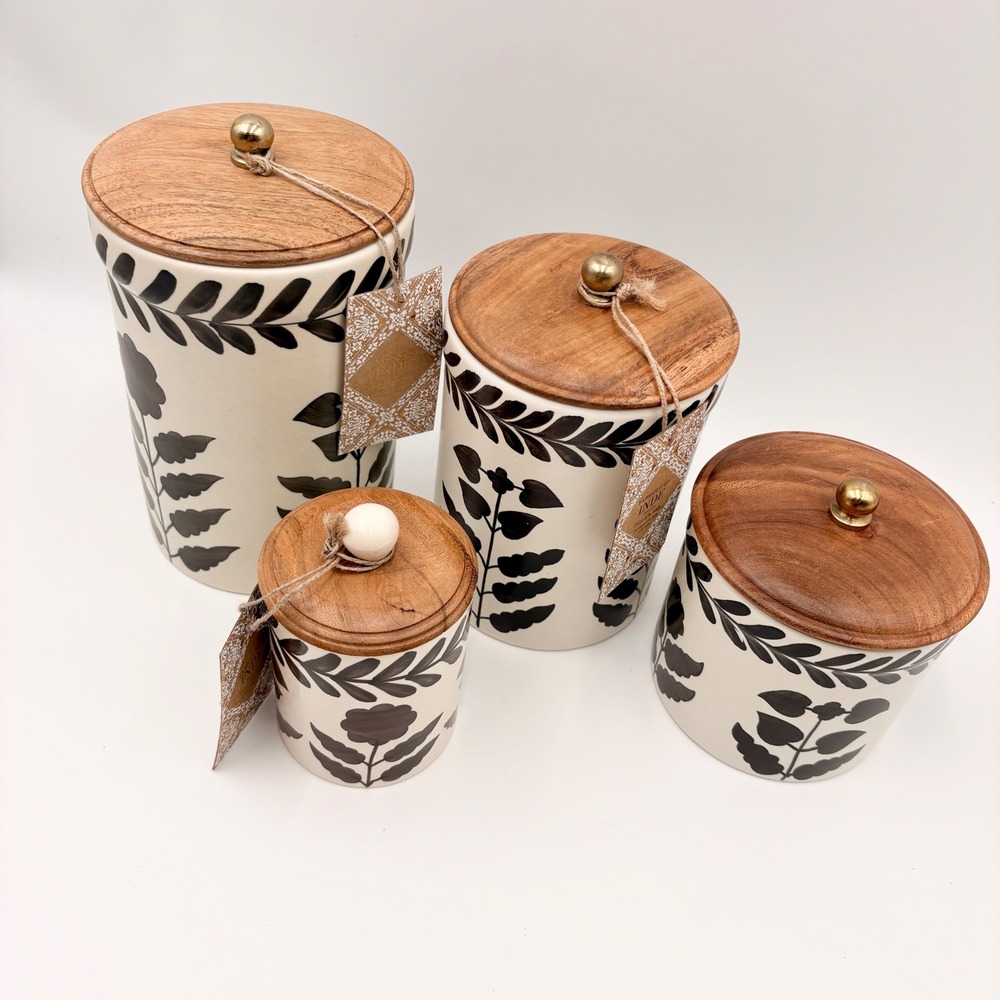 Made in India 4pc Ceramic Canister Set Black Cream Botanical Wood Lids New - Picture 2 of 6